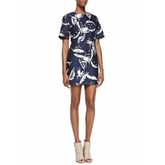 Adam Lippes Leaf Jacquard Sculpted Dress Navy White Short Sleeve Mini - Picture 1 of 8